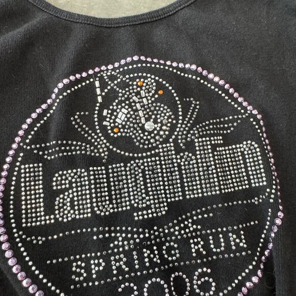 Vintage Y2K Microbling Biker Racing Laughlin Rhinestone Bow Tie Up Tank Top S - Picture 2 of 5